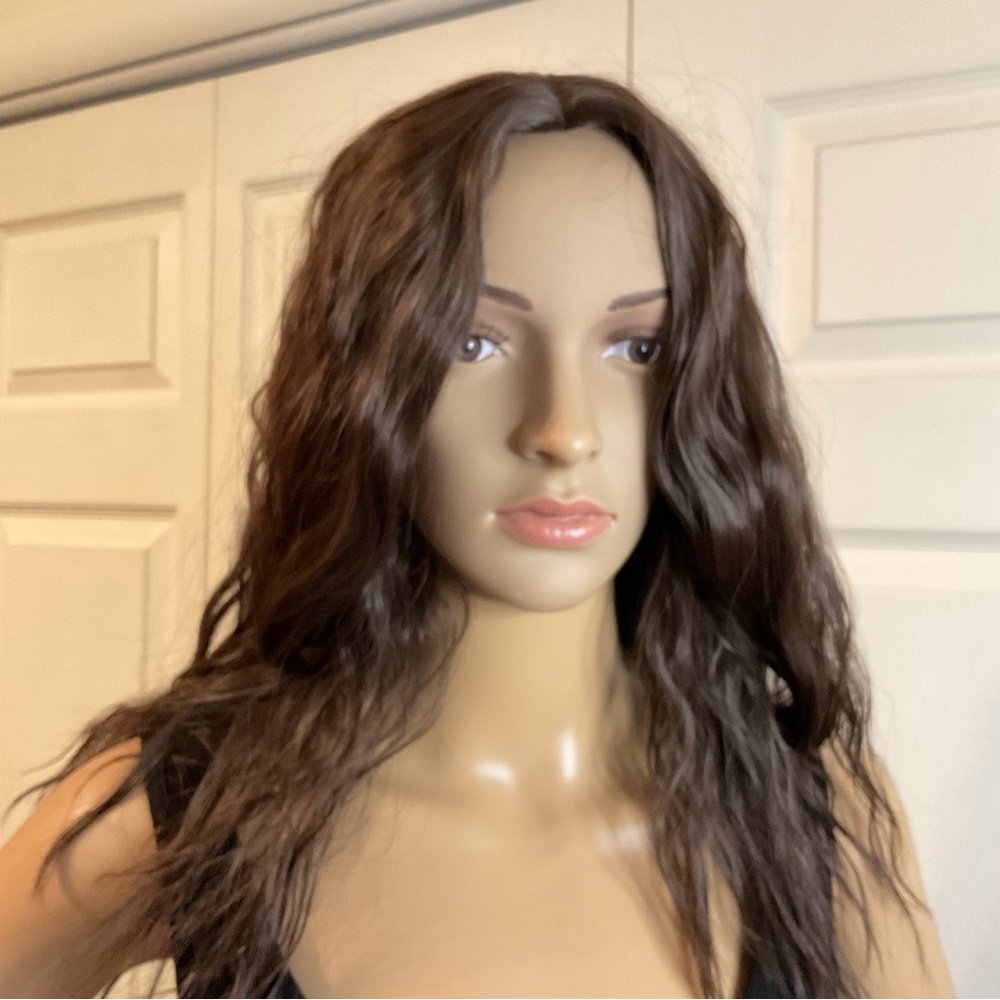 Wavy brown synthetic wig with no bangs, comes with three headbands.